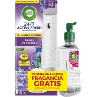 Airwick Active Fresh Ambientador Automático Campo de Lavanda Aparato + Recambio 228 ml+ Gratis Recambio Flor Cerezo & Frambuesa 228ml